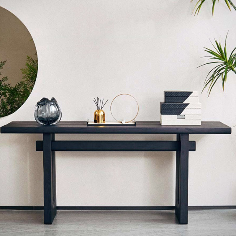 Table de véranda entièrement en bois massif de style italien., H 33 po x l 62,9 po x P 15,7 po, Noir