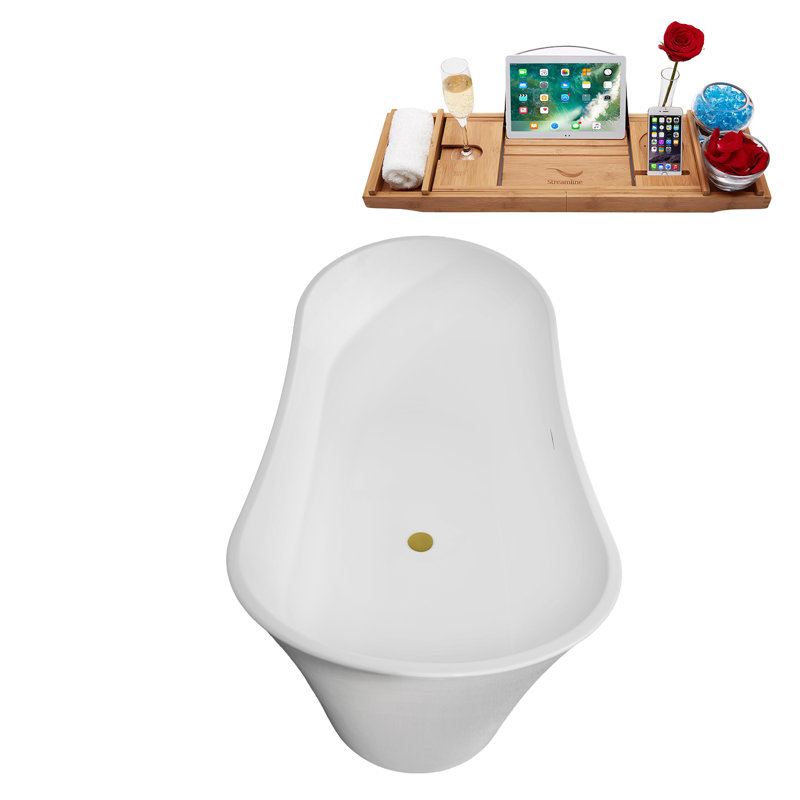 67" Streamline Soaking Freestanding Tub and Tray With Internal Drain, Brushed Gold