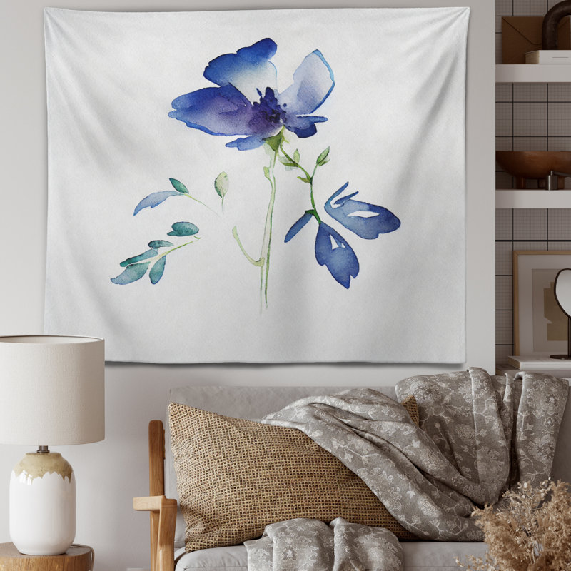 Tapisserie en polyester fleur bleue rétro avec des punaises, H 32 po x l 39 po