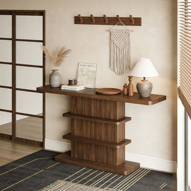 Console 63 "vintage avec tablettes de rangement ouvertes à 2 niveaux, Brun