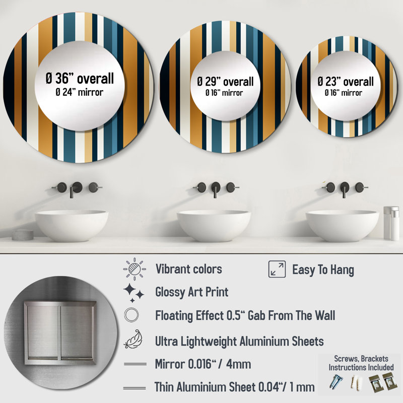 Elegant Gold And White  Striped Pattern - striped  Decorative Mirror, Gold Large Wall Mirror, Printed Metal Art, 29" x 29"