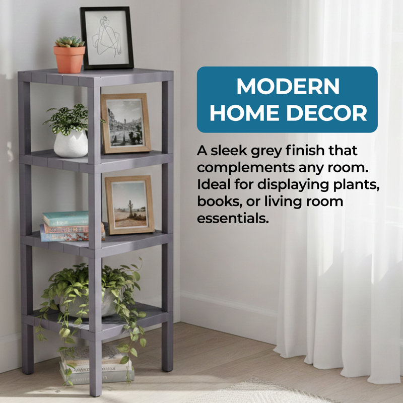 Plastic Modular Shelf Unit 4 Tiers, Grey, 38.58" H x 12.99" W x 15.15" D