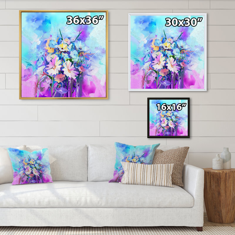 Turquoise, mauve, grunge, huile sur toile II, reproduction d'art sur toile, H 16 po x l 16 po x P 1 po, Cadre flottant doré