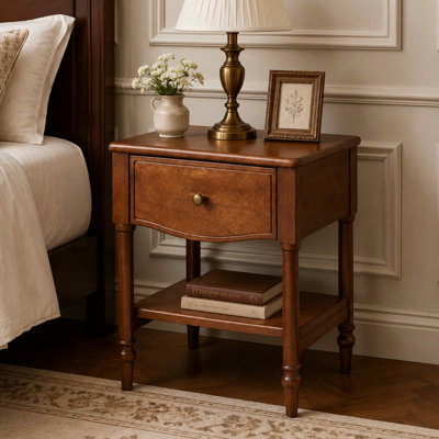 Solid Wood Nightstand, No Assembly Required, Traditional Side End Table with Roman Turned Legs, Wooden Drawer Slide & Open Lower Shelf for Bedroom Living Room