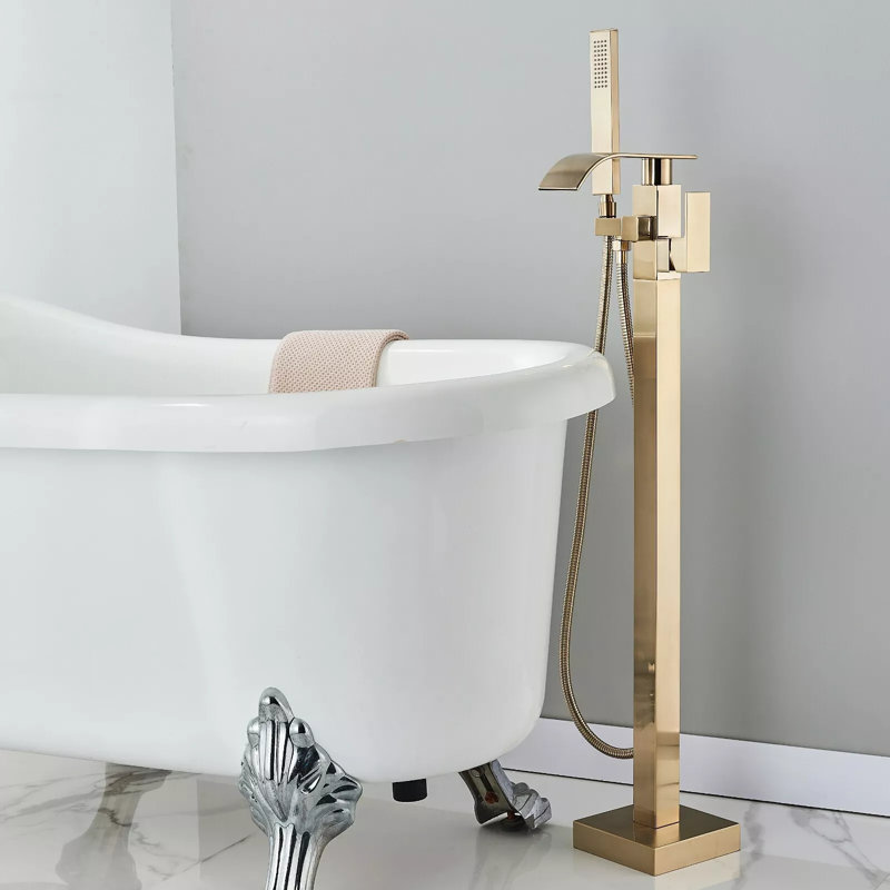 Freestanding Bathtub Faucet Floor Mount Tub Filler Mixer Taps Shower Faucets, Brushed Gold