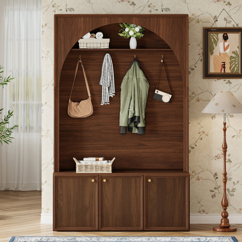 Farmhouse All-in-One Hall Tree with Shelves, Retro Arched Entryway Storage Bench with 3 Cabinets, Wooden Coat Rack Organizer with 4 Hooks for Mudroom, Hallway