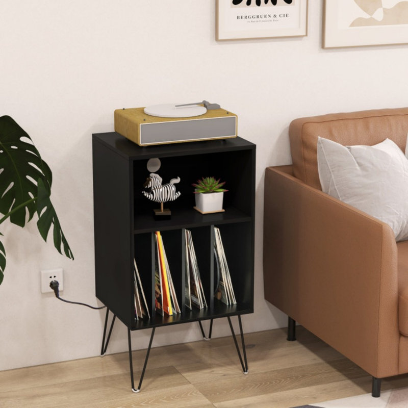 Record Player Stand With Charging Station For Living Room Bedroom, Black
