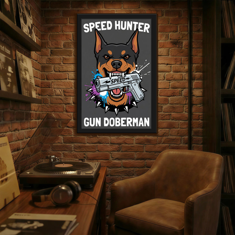 Animaux, chien de chasse avec pistolet Doberman, H 18 po x l 12 po
