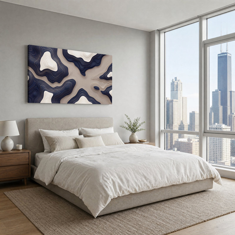 Tableau sur toile aux lignes topographiques bleu marine et beige, L 32 po x H 16 po