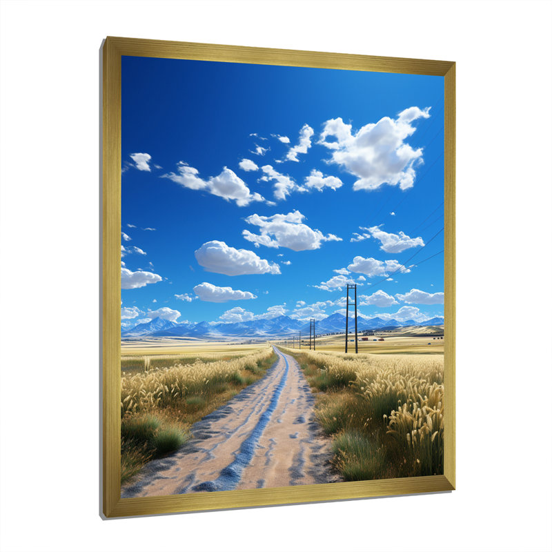 «Lonely Road Through Prairies», reproduction sur toile, Encadrement doré, H 32 po x l 16 po