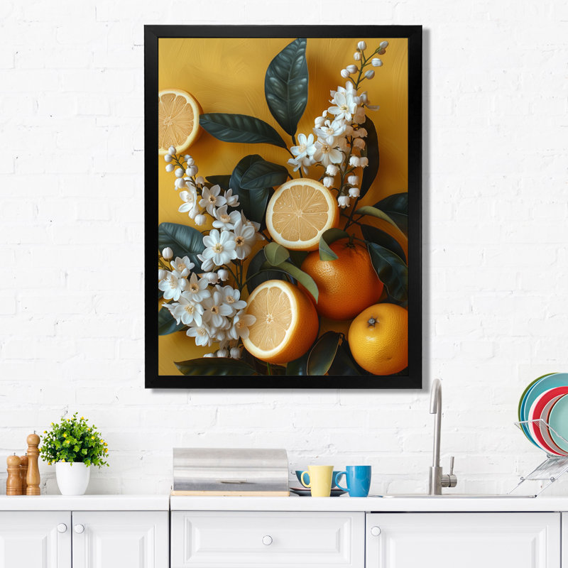 Art mural rétro «Orange Tree Bliss II» - fruits, Toile encadrée noire simple, H 44 po x l 34 po x P 1,5 po