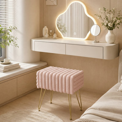 Modern Striped Faux Fur Vanity Stool with Metal Legs, Makeup Ottoman & Footrest for Bedroom