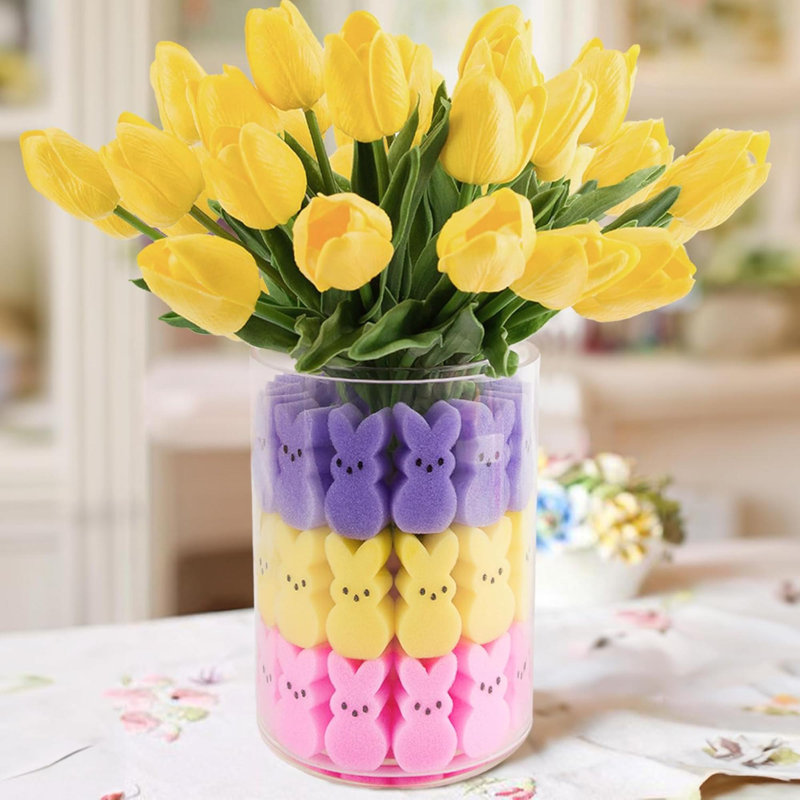 Décorations de Pâques - Pâques Peeps Decor - 15 tulipes artificielles avec 45 ensembles de remplissage de vase pour lapins, centres de table pour la maison