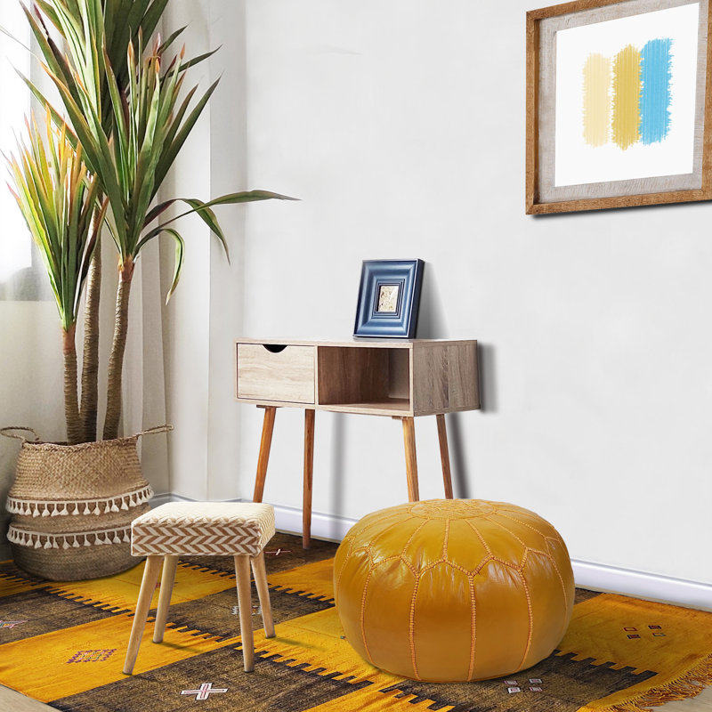 Burmaster Upholstered Full Grain Leather Ottoman, Mustard Yellow Genuine Leather