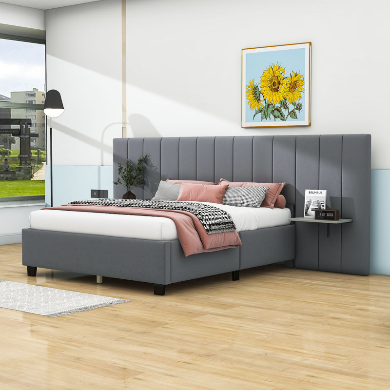 Lit plateforme tapissier avec tête de lit Keathan, gris, Grand