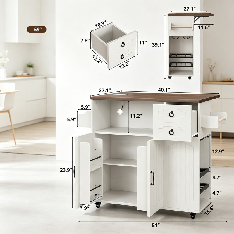 Îlot de cuisine mobile de 51 pouces avec rallonge et prise de courant, chariot de rangement roulant avec armoires, tiroirs, porte-verre et support à vin pour la salle à manger, blanc
