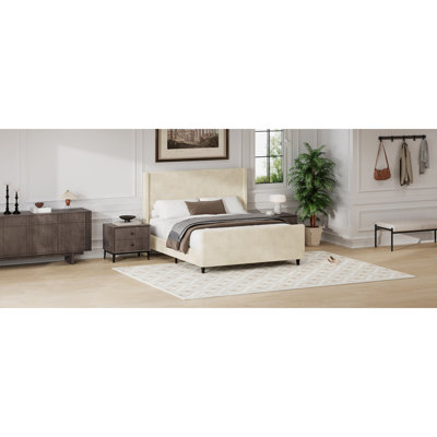 Base de lit tapissier en velours côtelé de 50,7 po de hauteur avec dossier à oreilles à rayures verticales et pied de lit haut, aucun sommier nécessaire