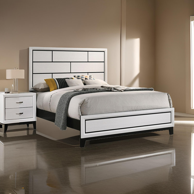 Erica Bed, Wood Finish, Panel Style Headboard, White/Black/Nickel, Queen, Metal/Manufactured Wood