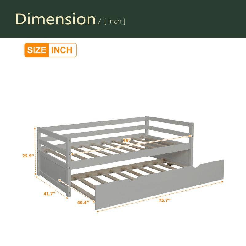 Lit de jour avec base de lit gigogne, taille simple, Gris