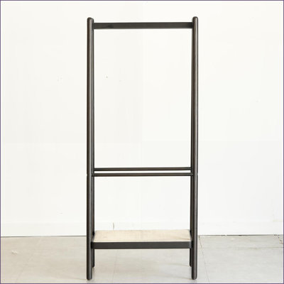 Coat Racks, Solid Oak Wood &amp; Black Rattan Standing Garment Rack with Shelves | Black | Solid Wood