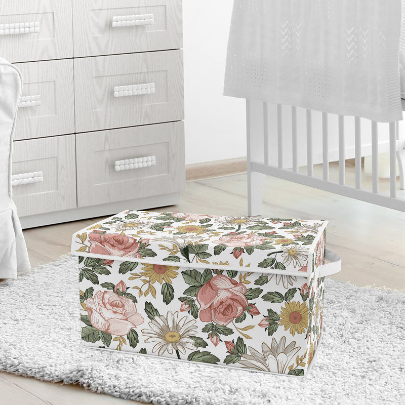 Blush Pink and Green Floral Fabric Toy Bin with Lid