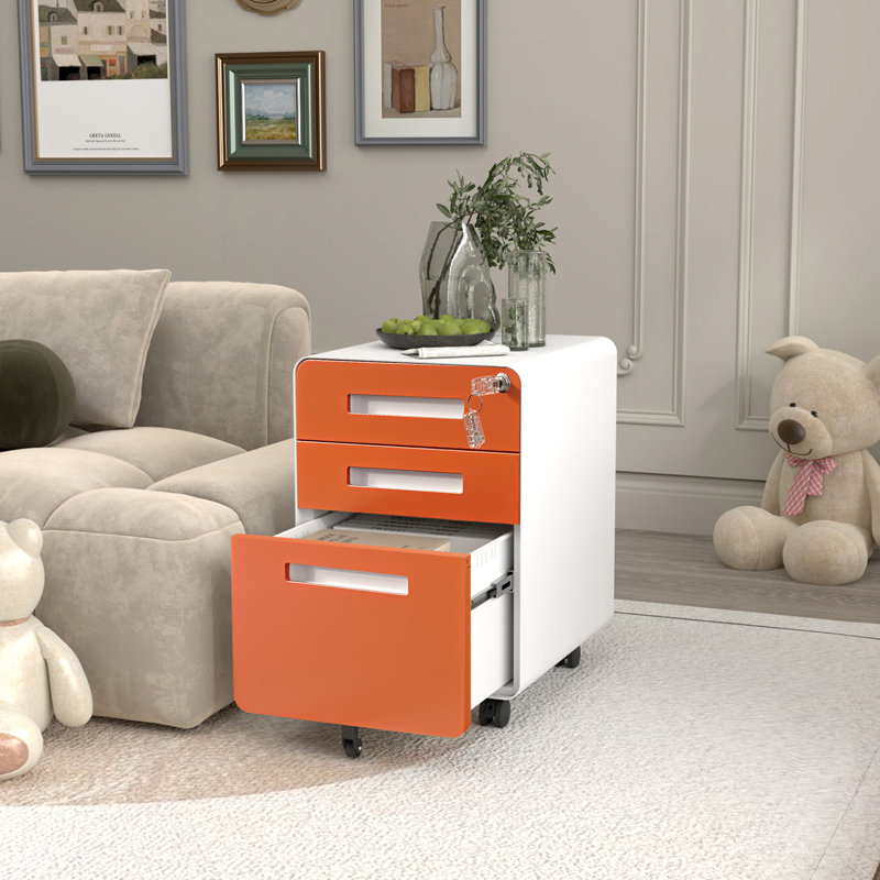 Metal Filing Cabinet with Lock, 3 Drawer Filing Cabinet with Wheels, Mobile Filing Cabinets, Orange