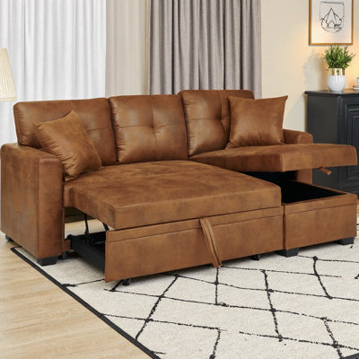 Small Space Sleeper Sectional Sofa with Pull-Out Bed, Reversible Chaise & Hidden Storage, Convertible Sofa Bed, Breathable Faux Leather, Light Brown L-Shaped Couch
