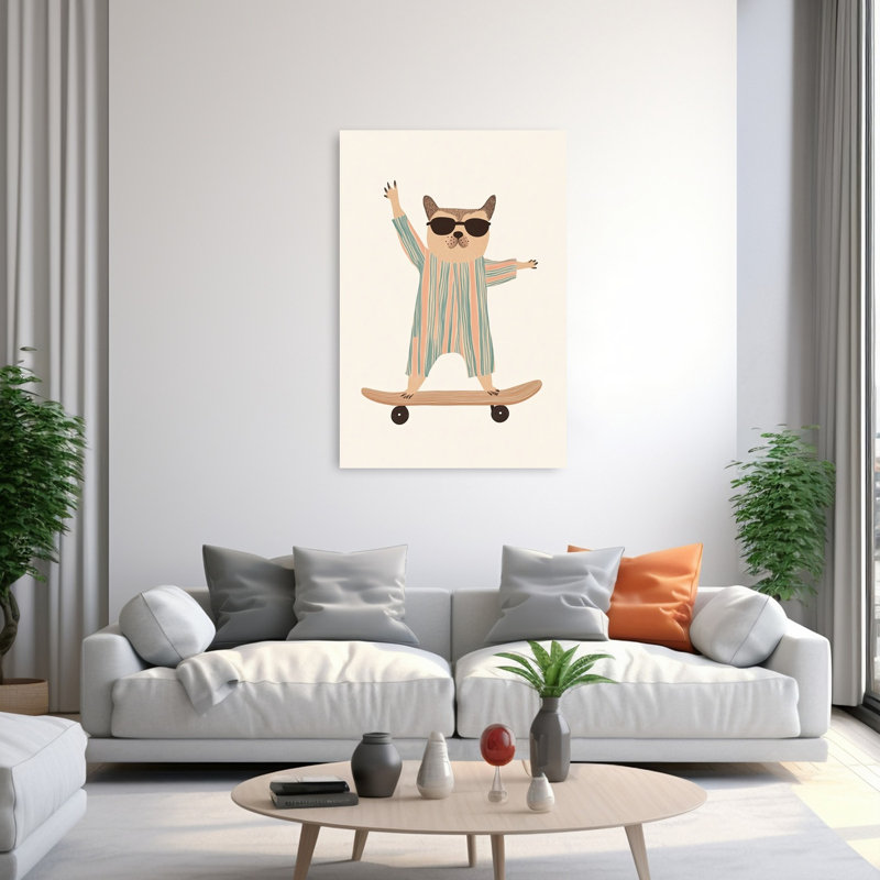 Cool Skater Pup Playful Whimsical Contemporary Cat Dog Summer Wall Art Print by Mathieu - Wrapped Canvas Print