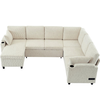 Beige Bed With Hidden Storage & Charging Ports Modern Sectional Pull-out Storage,