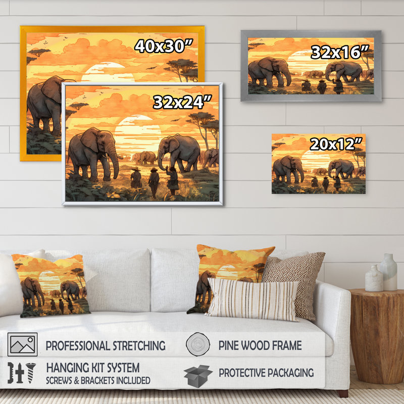Safari africain jaune avec éléphants sur toile, H 34 po x l 44 po x P 1,5 po, Cadre flottant noir