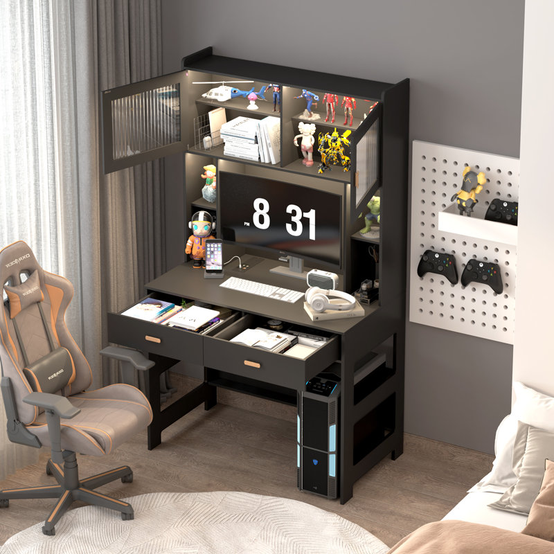 Bureau d'ordinateur l 40 po avec huche et armoire Shona, Noir