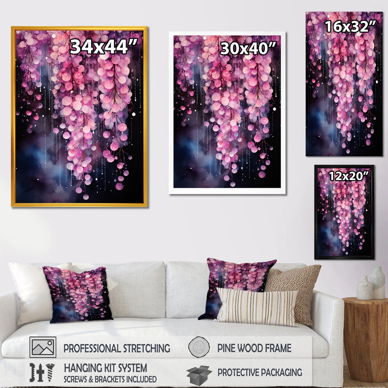 Fuchsia rose mesdames fleurs - décoration murale fuchsia, Cadre flottant doré, H 32 po x l 16 po