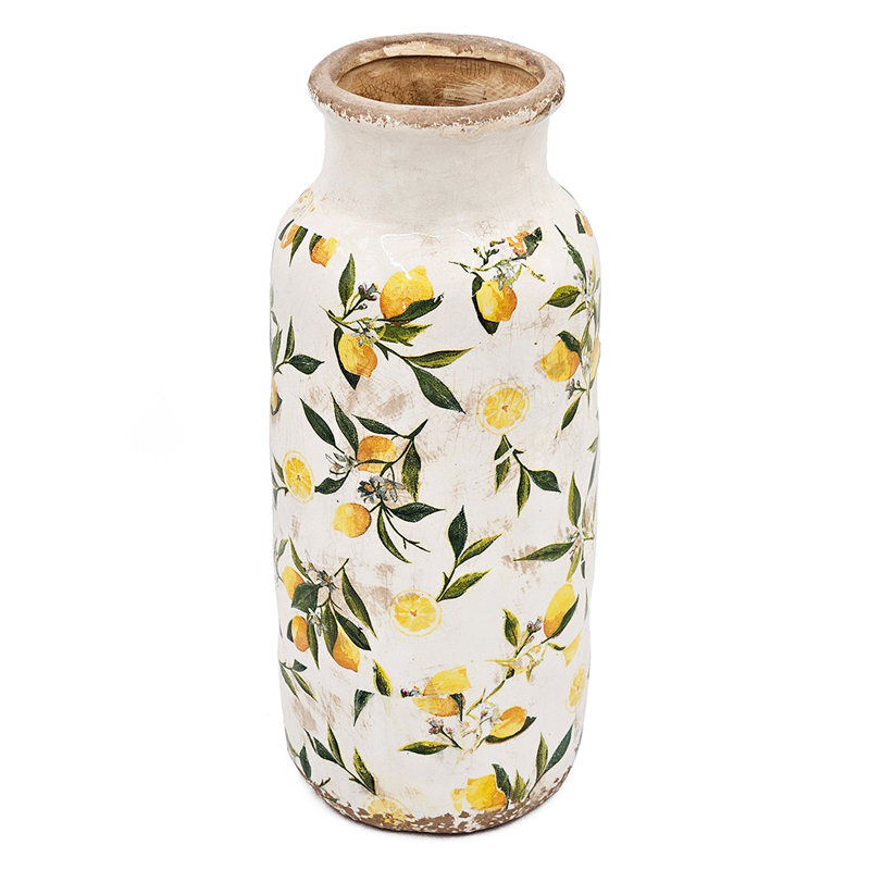 Vase en céramique blanche avec motif jaune citron, H 14,8 po x l 6,3 po x P 6,3 po