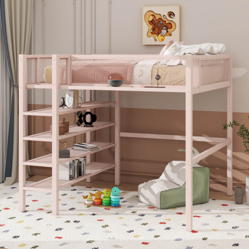 Lit mezzanine en métal avec tablettes à 4 niveaux et rangement Alexandreia, Double, Rose