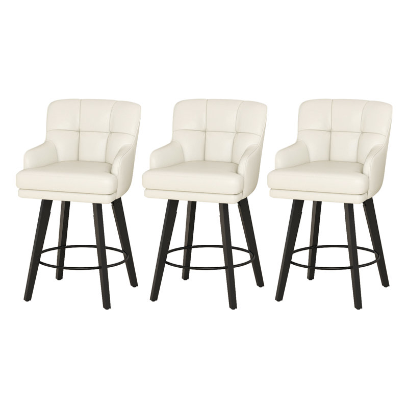 26''H Upholstered 360°Swivel Counter Height Bar Stools, Wood Legs Kitchen Island Chairs, Beige, 3