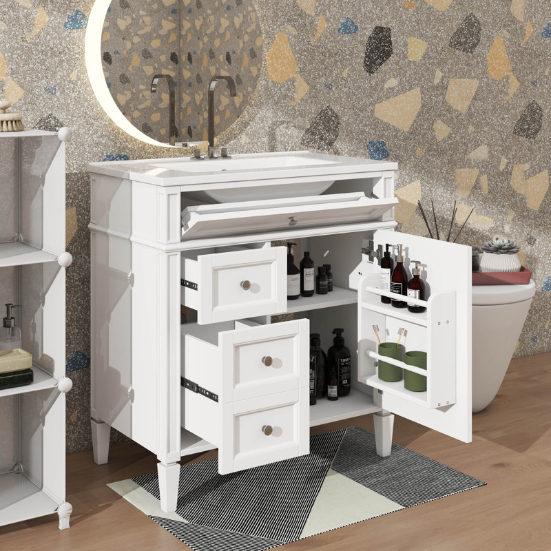 Meuble-lavabo innovant de 30 po avec lavabo, comprenant 2 tiroirs, une armoire et un tiroir supplémentaire, Blanc