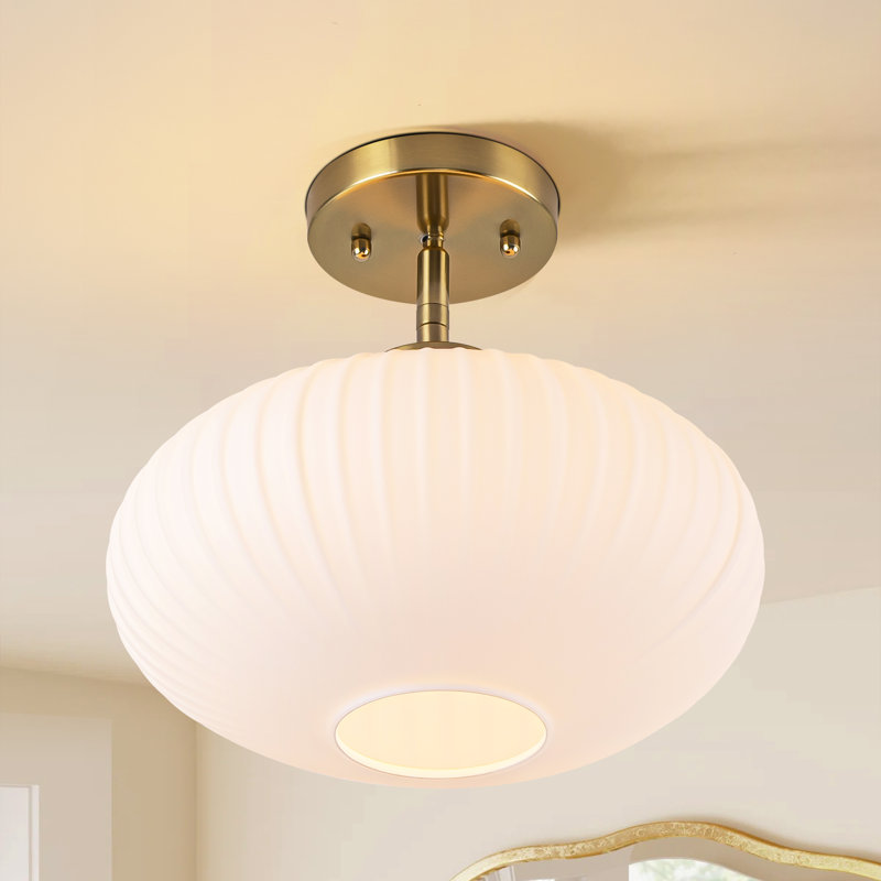 Keab 1-Light Ribbed Glass Flush Mount Ceiling Light for Bedroom, White