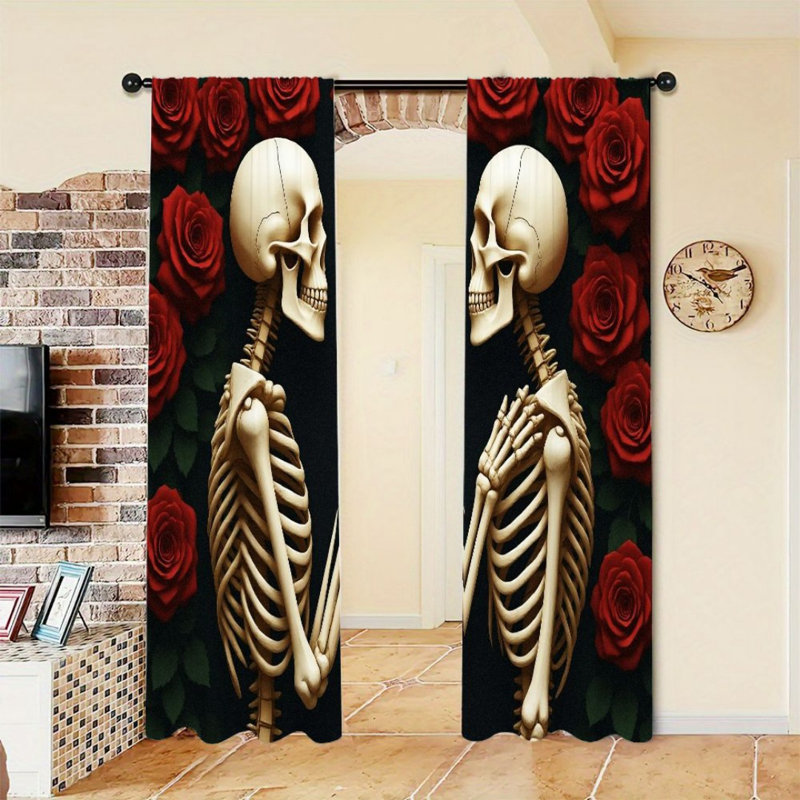 2Pcs Skeleton Love Curtains, Red Rose Floral Pattern, Rod Pocket Light Filtering, Gothic Romance Style, All-Season For Living Room Bedroom Window Decor