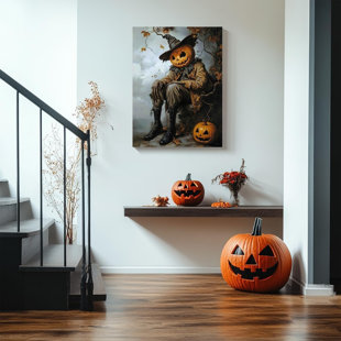 Scarecrow In Worn Wizard Hat Sitting On Tree Unframed Canvas Wall Art 24" X 36"