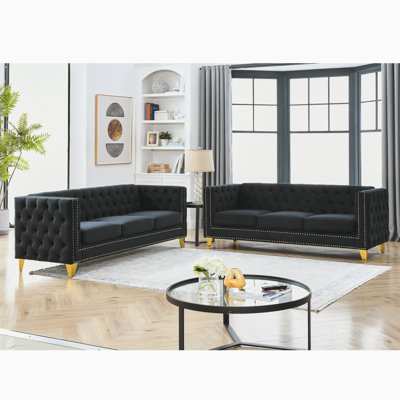 Velvet Sofa For Living Room,Buttons Tufted Square Arm Couch, Modern Couch Upholstered Button And Metal Legs, Sofa Couch For Bedroom Velvet ,2PCS -  Mercer41, 958BDA8E58764D2C80E9F999EC434DF6