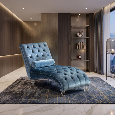 Velvet Button-Tufted Chaise Lounge with Acrylic Legs and Pillow