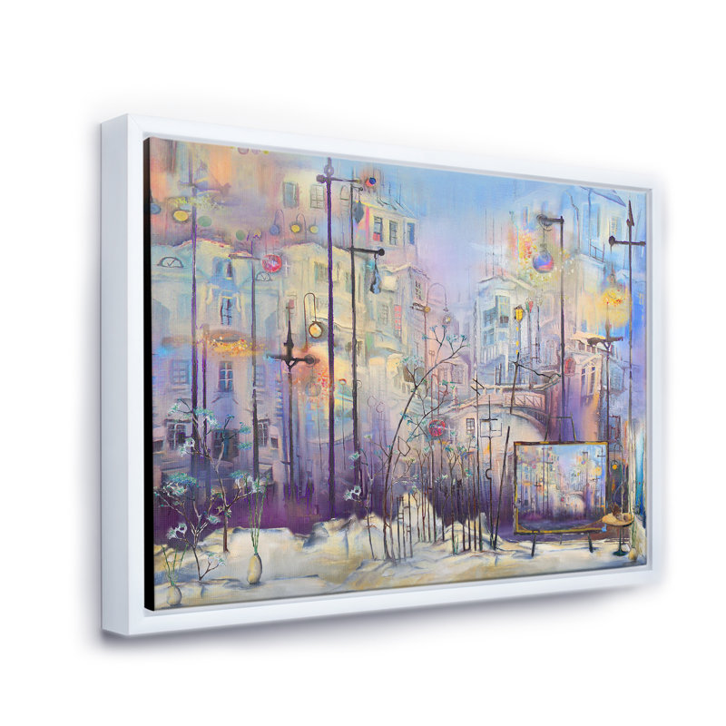 Paysage urbain pastel abstrait - peinture sur toile, H 30 po x l 40 po x 1,5 po, Cadre flottant blanc