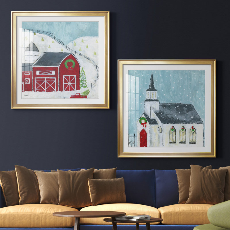 Christmas Barn - ensemble d'impressions 2 pièces, H 30,5 po x l 61 po x P 1,5 po, Papier encadré doré, Blanc