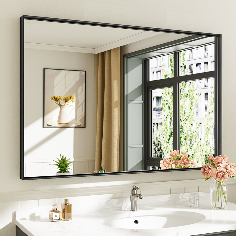 Modern & Contemporary Matte Black Aluminum Alloy Framed Rectangular/Square Bathroom Vanity Mirrors with HD Tempered Glass