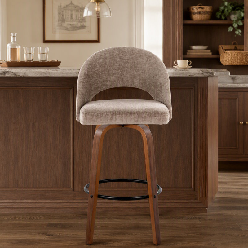 Tabouret de bar à hauteur fixe en bois de noyer et tissu brun avec repose-pieds rond en métal noir - ensemble de 2