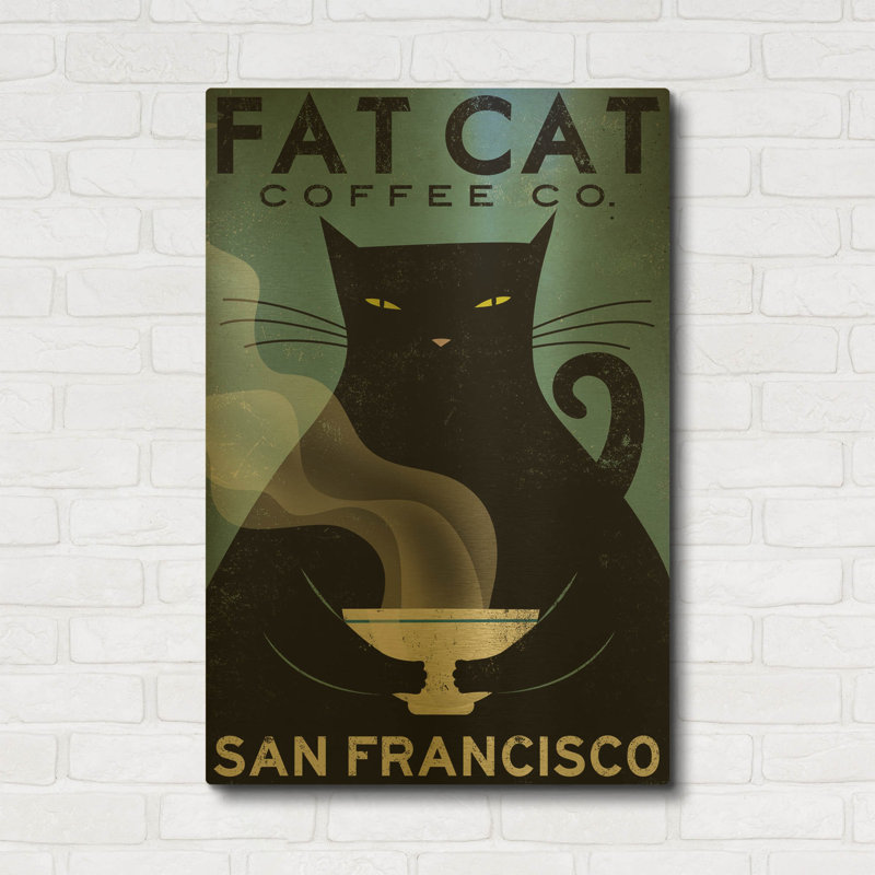 «Cat Coffee» par Ryan Fowler, art mural en métal doré, 24 po x 36 po, 24 po x 36 po
