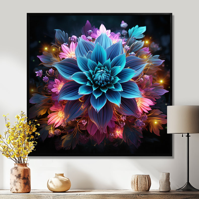 «Turquoise Flower Explosion», impression d'art floral abstrait, Toile avec cadre flottant noir, H 16 po x l 16 po x P 1 po