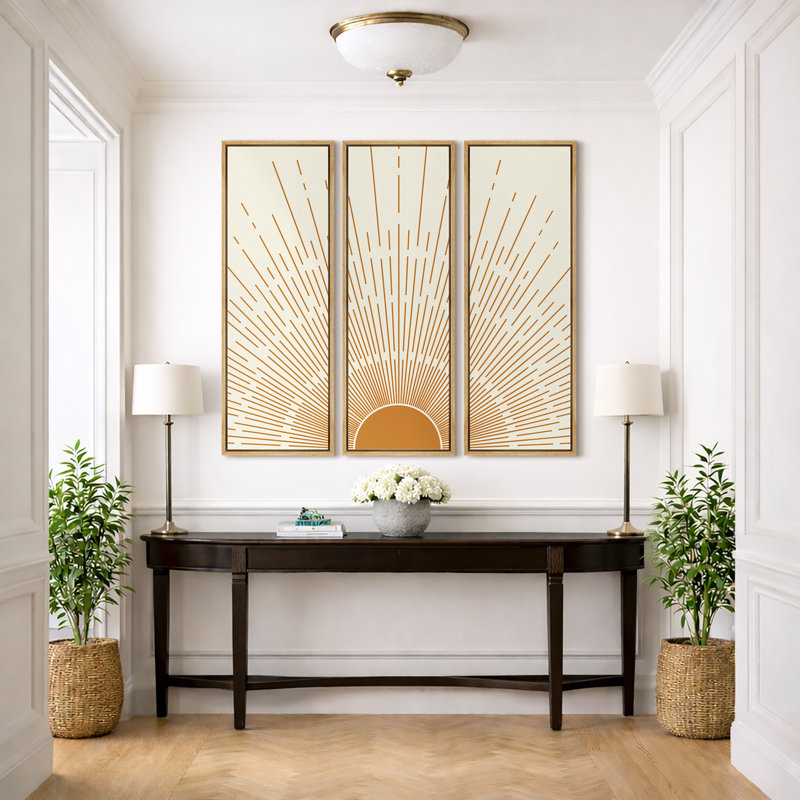 «Bright Mid-Century Modern Orange Minimal Sun ShineArt Boho Decor», ensemble de 3 reproductions sur toiles encadrées