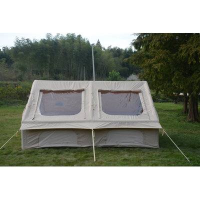 Tentes de camping gonflables de 9,8 pi x 13 pi avec pompe à main, tentes de glamping à l'air, tente de soufflage imperméable et coupe-vent facile à installer, tente de chalet 4 saisons Oxford avec fenêtre en filet et cheminée
