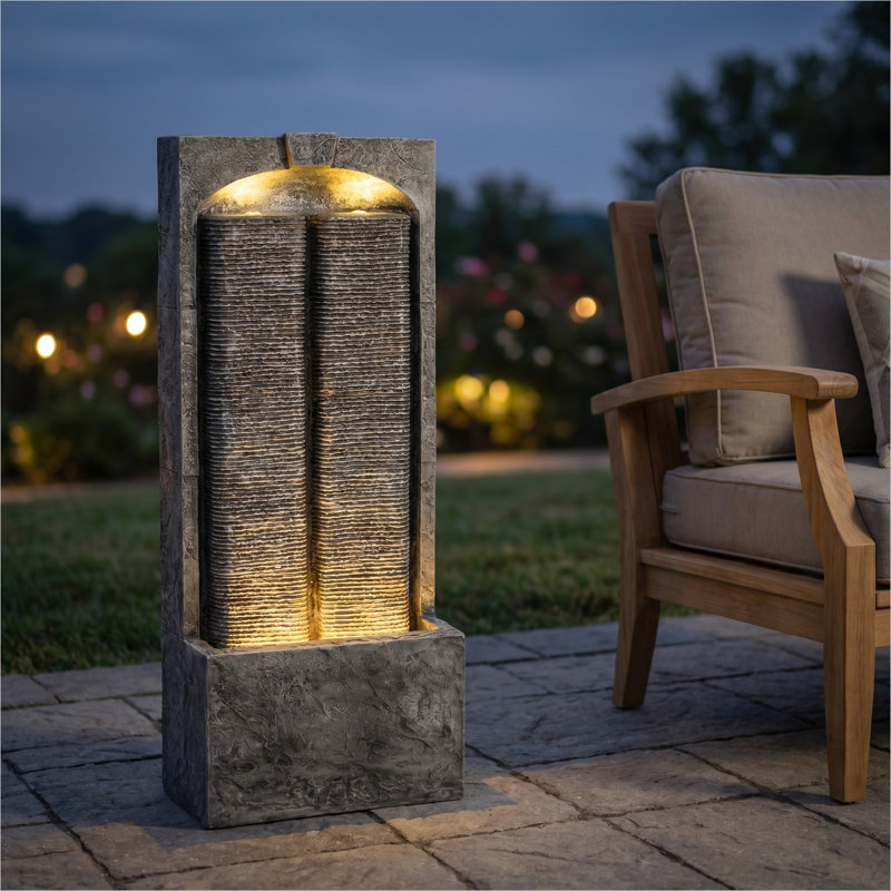 Polyresin Cascading Water Fountain with LED Lights, 39-Inch Slate Gray Indoor/Outdoor Tiered Feature